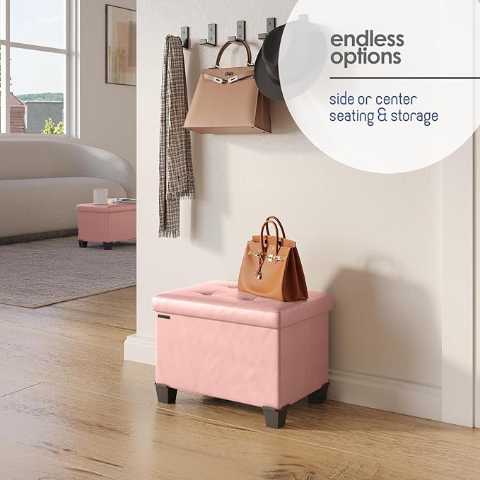 Storage Ottoman Cube with Small Bin, 16-in Square Ottoman with Storage for Living Room and Bedroom, Small Ottomans Foot Rest, Faux Leather Foot Stools Ottomans Max 330lbs, Pink