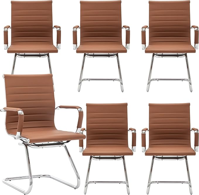 DM Furniture Office Desk Chair Set of 6,No Wheels PU Leather Computer Chairs Mid Back Guest Chairs with Seld Base for School/Reception/Conference/Waiting Room,Cafe