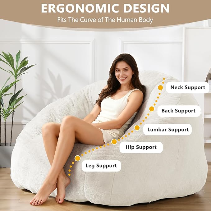 Bean Bag Chair for Adults, Soft Faux Fur Giant Beanbag Chairs, Oversized Cozy Bean Bag Couch Large Reading Chair, Comfy Bean Bag Sofa for Living Room, Bedroom & Dorm, Beige