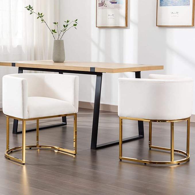 VESCASA Velvet Upholstered Dining Chairs with Barrel Back, Mid Century Modern Padded Restaurant Chairs with Gold Metal Frame for Kitchen, Dining Room, Set of 2, White