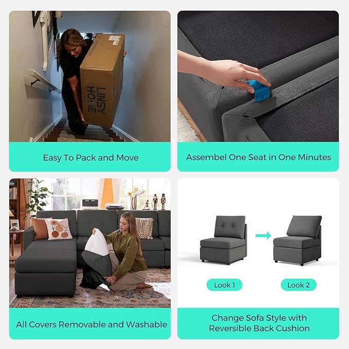 LINSY HOME Modular Sectional Sofa Oversized, Removable Cover Living Room Couches with Storage Deep Seat & Ottoman Chaise L/U Shaped Sofa Modern Couch (Dark Grey, 3 Seats)