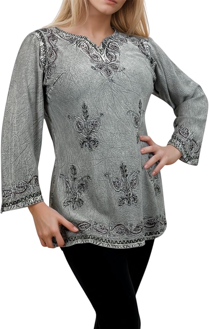 Agan Traders 2025 Winter Long Sleeve Diamond Neck Embroidered Tops - Medieval Boho Vintage Tunic Kurta Blouses for Women