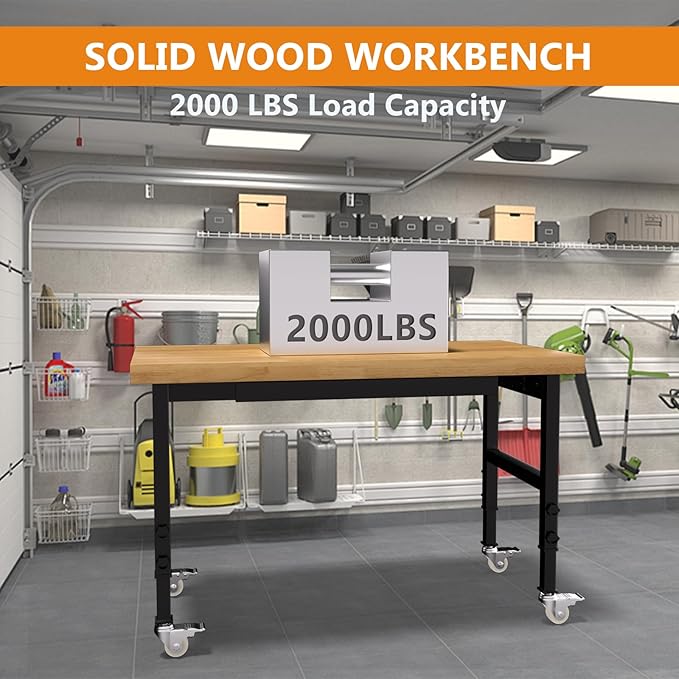 48" Heavy-Duty Solid Wood Work Bench with Drawers, Adjustable Height Workbench with Wheels, 2000 LBS Capacity Work Table with Power Outlets for Garage, Workshop(48" X 24")