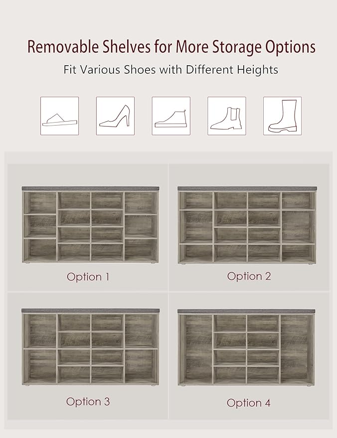 DINZI LVJ Shoe Storage Bench with Cushion, 14-Cubby Shoe Rack, Adjustable Shelves, Multifunctional Shoe Organizer Bench for Entryway, Mudroom, Hallway, Living Room, Bedroom and Garage, Gray Wash