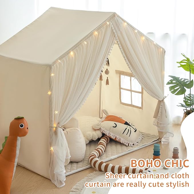 Kids Play Tent with Padded Mat, Kids Tents Indoor Playhouse for Toddler, Large Princess Castle Pompoms Play House Tent for Girl Bed Tents Toys for Boys Girl Birthday House Gift