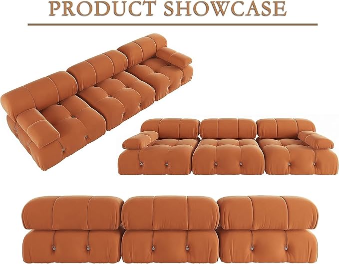 JACH Convertible Modular Sectional Couch, 104" Minimalist Mid-Century Velvet Sofas, Modern Comfy Deep 3-Seat Couches Sectional for Living Room Office Apartment (Orange)
