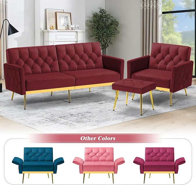 ACMEASE Velvet Accent Chair w/Adjustable Armrests and Backrests, Tufted Single Sofa with Ottoman, Upholstered Reading Chiar for Living Room, Apartment, Bedroom, Red