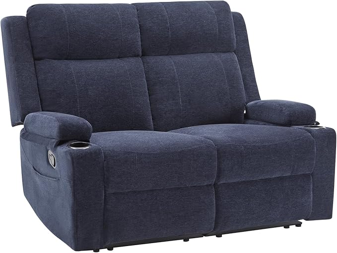 PALLOME Manual Reclining Loveseat Sofa, 2-Seater Recliner Couch with Cup Holders, Fabric Reclining Sofa for Living Room/RV (Blue)