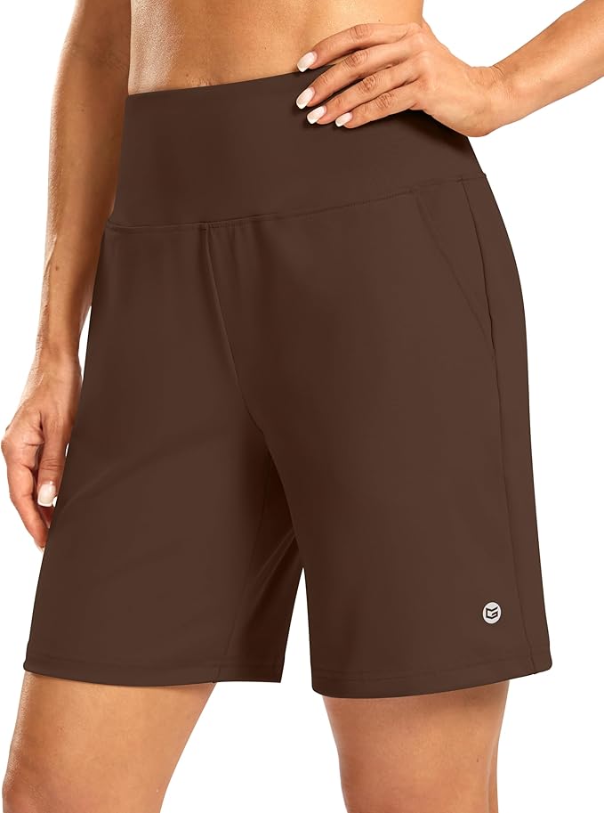 Women's Athletic Shorts with Zipper Pocket 7" High Waisted Stretchy Bermuda Shorts for Women Workout Running Casual