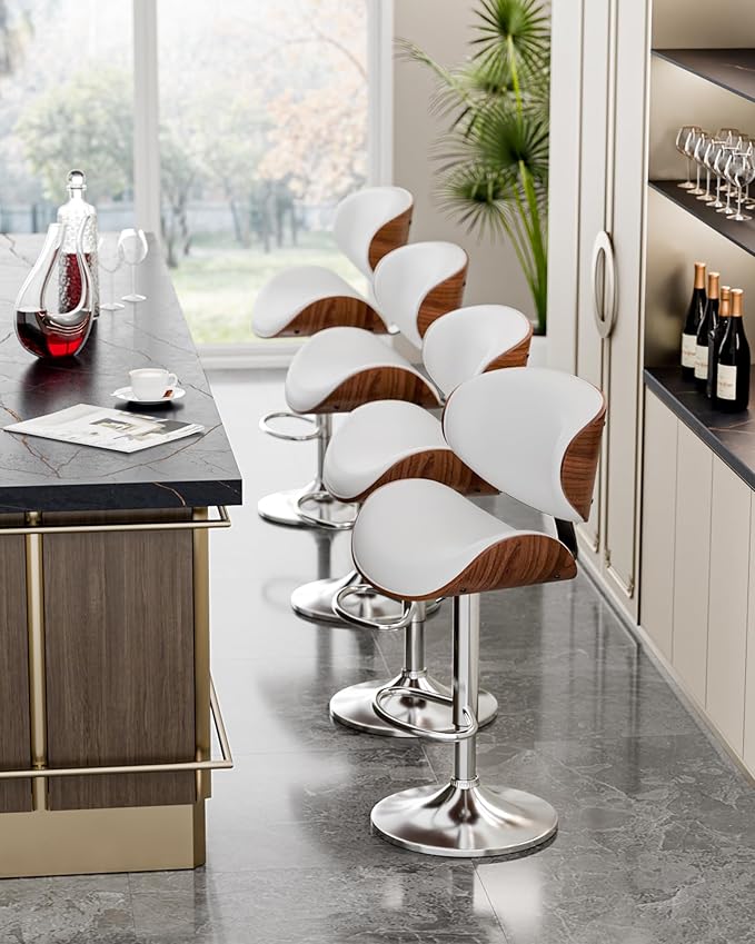 Aowos Bar Stools Set of 3, Adjustable Swivel Barstools Mid-Century Modern PU Leather Counter Height Bar Stool, Kitchen Island Barstools with Back (White)
