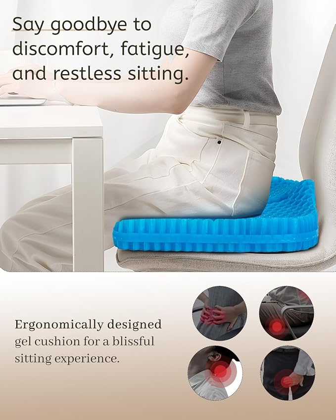 Anzeng Gel Seat Cushion for Long Sitting, Gel Cushion for Pressure Relief, Soft & Breathable, Chair Cushion for Office Chair, Car, Wheelchair, Seat Cushion with Non-Slip Black Cover