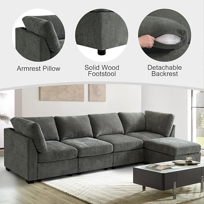 EDILLY 122 inches Oversized Modular Sectional Fabric Cloud Sofa, Extra Large L Shaped Couch Reversible Chaise Couch,4 Seat Modular Sofa with Storage Ottoman, Linen Grey