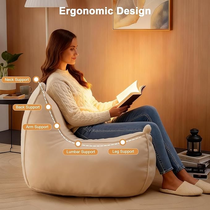 Giant Bean Bag Chair for Adults and Kids, Comfy Beige Beanbag with Filling Plush Fluffy and Back Support, Lounge Lazy Floor Sofa Accent Chair, Cozy Single Cloud Couch for Living Room, Bedroom & Dorm