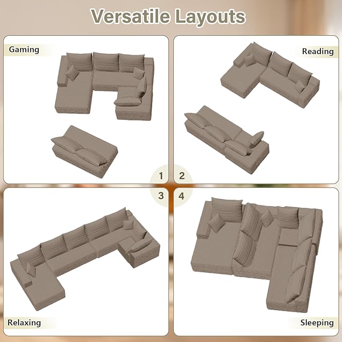 Sectional Cloud Couch with L-Shape Chaise, Upholstered Corduroy Couches Stupendous U Shaped Sofas, Modern Modular Comfy Sofa with Deep Seat for Living Room Bedroom, No Assembly Required, Camel