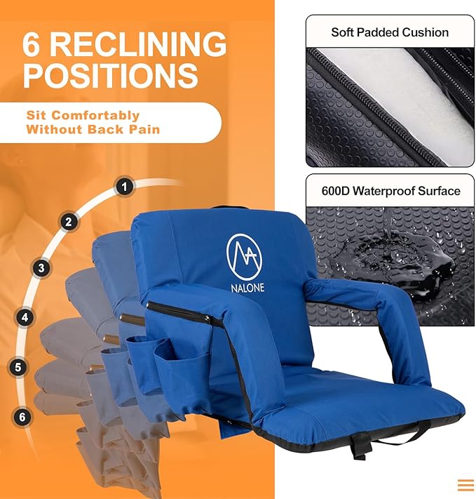 nalone Folding Stadium Seat Set of 2, 25 inch Extra Wide Stadium Chairs for Bleachers Stadium Seat Bleacher Chairs Portable with Back Supports Thick Padded Cushion Armrests Reclining (Blue)