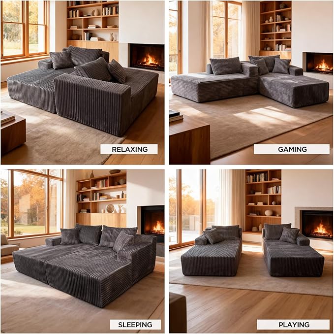 SYTOPIA Loveseat Chaise Lounge with Armrests, Oversized Sofa Bed with 4 Pillows, Cozy Boneless Sleeper, Modular Sectional Couch for Living Room Bedroom, Floor Chair Furniture sala Corduroy, Urban Grey