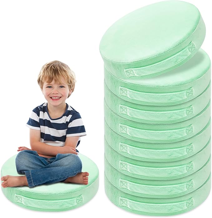 8 Pcs Round Floor Cushions for Kids, 15'' Plush Flexible Seating Pillows with Handles, Soft Chair Seats for Classroom Elementary Daycare Preschool Playroom Reading Corner Green