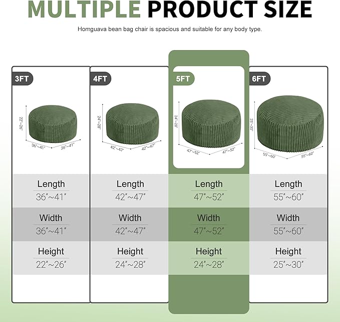 Homguava 5 FT Bean Bag Chair,5' Big Bean Bag,Giant Bean Bag Chairs for Adults with Memory Foam Filled,Comfy Large Beanbag Chairs Soft Bean Bag Sofa with Dutch Corded Plush Cover-Green