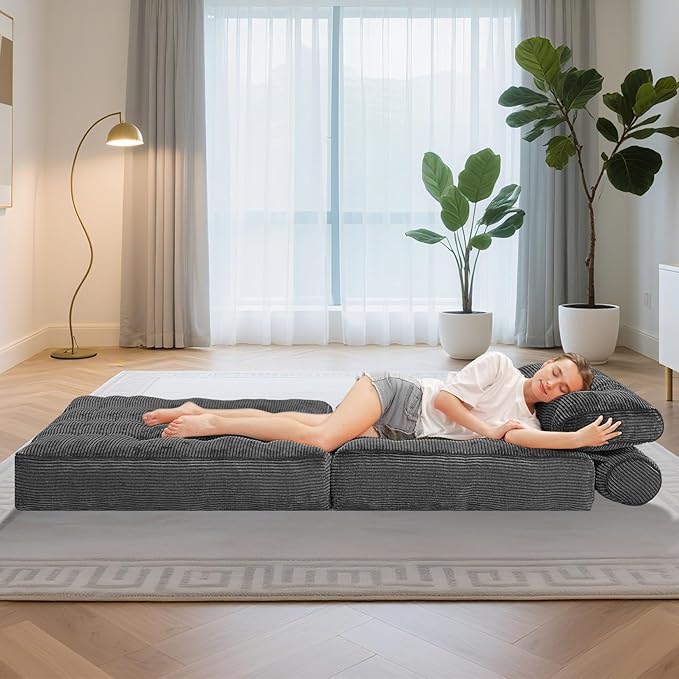 HABUTWAY Folding Sofa Bed, Convertible Sleeper Chair Bed w/Dual-Pillow & Handle, Foldable Floor Sofa Lounge w/Back Support for Living Room, Bedroom, Apartment, Office, Single, Grey