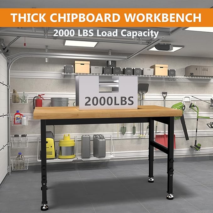 48" Heavy Duty Work Bench with Power Outlets, Adjustable Height Workbench with Rubber Pad, 2000 LBS Capacity Work Table for Garage, Workshop, Office, Home