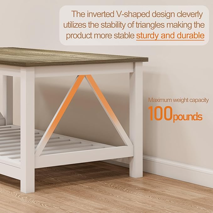 UYIHOME Farmhouse Coffee Table for Living Room, 2-Tier Rectangular Wooden Centre Cocktail Table with Slats Shelf Storage and V-Shaped Frame (Walnut Top)