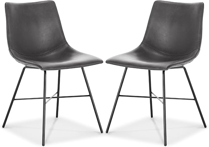 POLY & BARK Paxton Leather Dining Chairs – Set of 2 Modern Dining Room Chairs with Low Back – Faux Leather Upholstery and Matte Black Steel Base – Comfortable Seating for Stylish Interiors – Grey