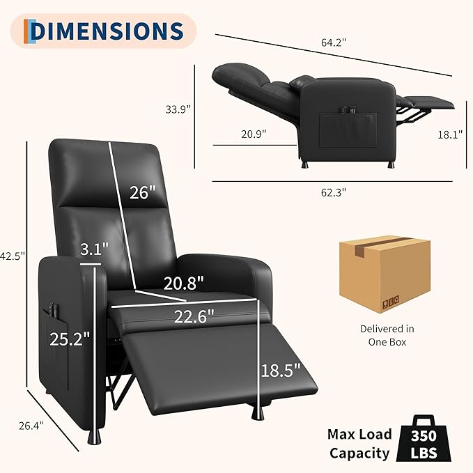 GarveeHome Power Recliner Chair, Adjustable Electric Recliner Ergonomic Overstuffed PU Leather Single Sofa, Tall Back, Padded Seat, 2 Side Pockets and USB Port, Home Theater Seating for Living Room