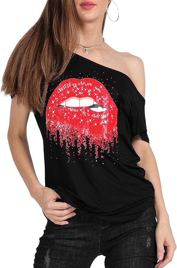 MAGICMK Women’s Short Lips Print Causal Off The Shoulder Plus Size T-Shirt Tops