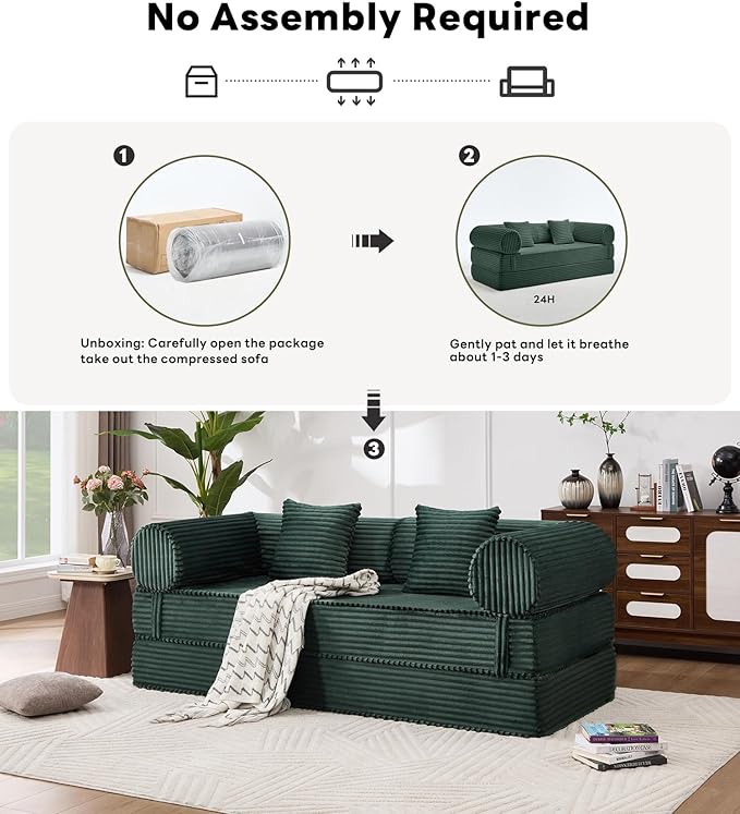 Tbfit 63'' Folding Boneless Couch, Convertible Loveseat Sofa Bed, Corduroy Futon Mattress Sleeper Sofa, Comfy Foldable Upholstered Floor Couches for Living Room, Dark Green