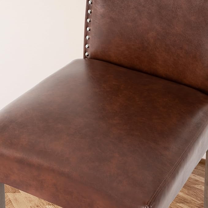 SNUGWAY Upholstered Dining Chair Stylish Parsons Kitchen High Back with Silver Nailhead Trim & Wood Legs, 4-Pack, PU Light Brown