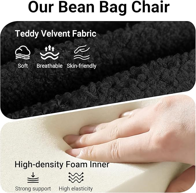Large Bean Bag Chairs for Adults, Fireside Chair for Living Room with Memory Foam Filled, Accent Sofa Lounge Lazy Floor Sofa for Gaming Reading Relaxing Bedroom, No Assembly Required Black