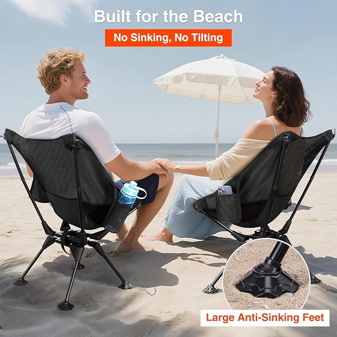 Trakiom 360° Swivel Folding Camping Chairs, Compact and Portable Chair for Outdoor Camp, Foldable Chairs with Anti-Sinking Large Feet for Travel, Beach, Picnic, Sports, Fishing Support 300 LBS(Black)