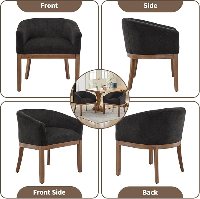 Shenyon Mid Century Modern Dining Chairs Set of 4, Upholstered Linen Fabric Dining Room Chairs with Arms and Solid Wood Legs, Comfy Barrel Accent Chairs for Dining Room, Living Room, or Cafe,Black