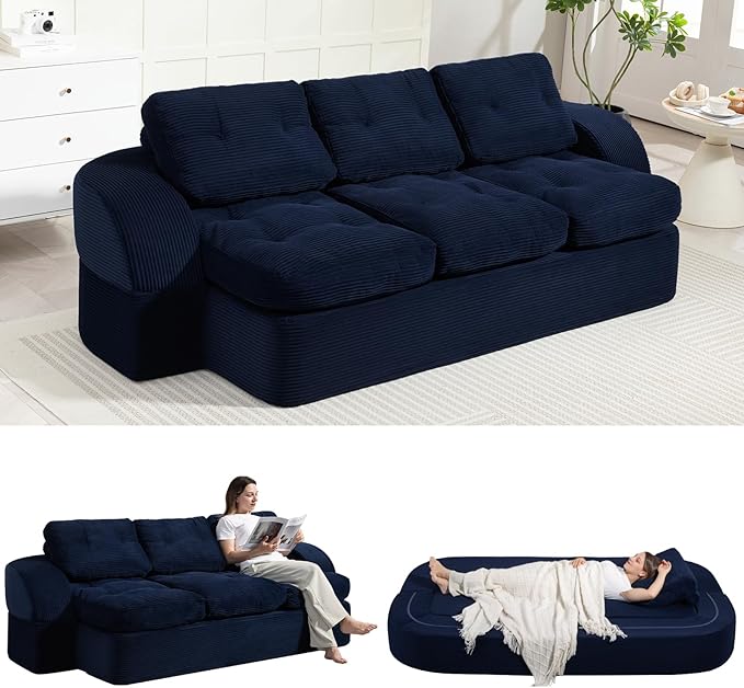 MeMoreCool Convertible Floor Sofa Couch – 3-Seater Sleeper with Tufted Cushions, Navy Corduroy Modular Foam | Cloud Couch for Living Room & Bedroom | No Assembly | Soft Ergonomic Support