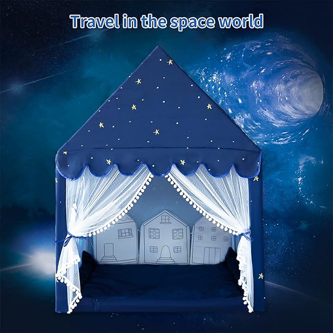 Kids Play Tent Playhouse Indoor Tent for Kids Boys Toddler, Large Castle Play House Bed Tents Spaceship Outer Space Rocket Blue, Kid Toys for Boy Girl Birthday House Gift