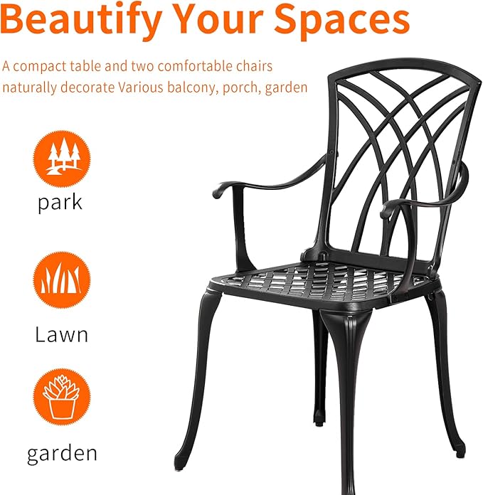 Withniture Patio Bistro Set 3 Piece Outdoor, Cast Aluminum Bistro Table and Chairs Set with Umbrella Hole, Small Bistro Sets Patio Furniture for Porch, Yard (Black, Woven with Armrest)