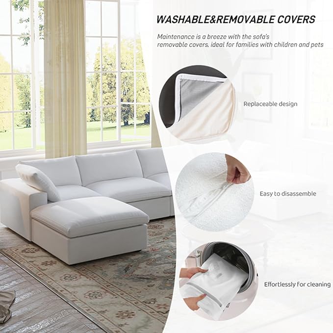 Cloud Couch Modular Sectional Sofa with Storage Ottoman,L Shaped Couch for Living Room,120.45inch Down Filled 4 Seater Convertible Sectional Sofas,Covers Washable&Replaceable (White)