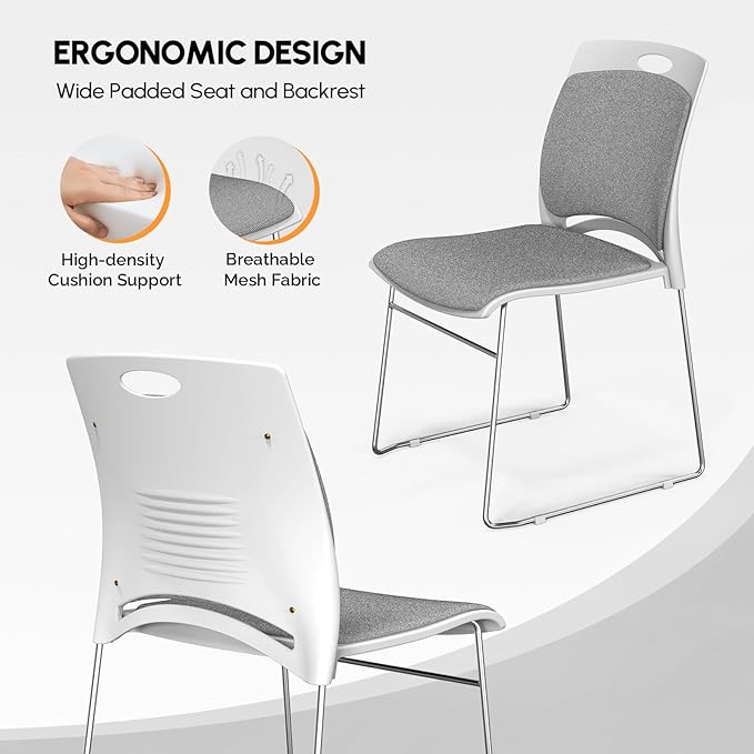 VINGLI Stackable Chairs Set of 8, Stacking Office Chairs with Metal Sled Base, Ergonomic Plastic Padded Seat & Back, Capacity 350lbs, Stacking Chairs for Waiting Room Break Room Banquet Guest, Gray