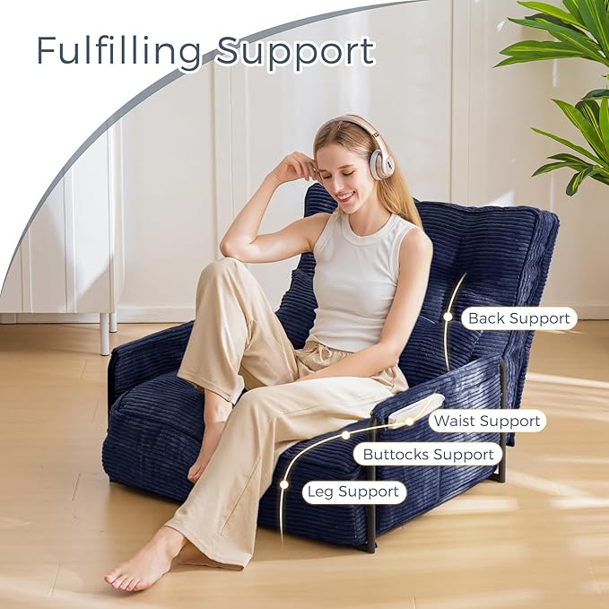 MAXYOYO Adjustable Floor Sofa Couch with Pillow, Multi-Functional Bean Bag Bed, 5-Position Foldable Lazy Sofa Sleeper Bed with Armrest, Versatile Floor Seating for Reading Gaming, Navy, Single