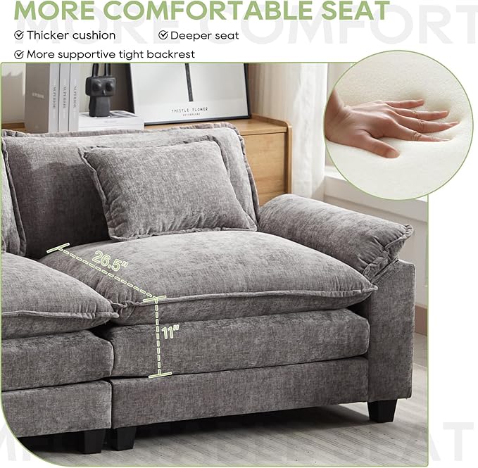 Oprisen Modular Sectional Sofa, Comfy Cloud Couch Sectional Sofa, Chenille Sofa Sleeper Deep Seat Sofa with Throw Pillows for Living Room (Light Gray, 53"- Single Seat)