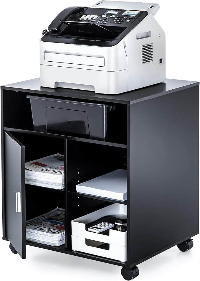 FITUEYES Printer Stand with Storage Adjustable Shelves, Wood Mobile Cart with Door, Rolling File Cabinet on Wheels for Home Office, Black, PS406001WB