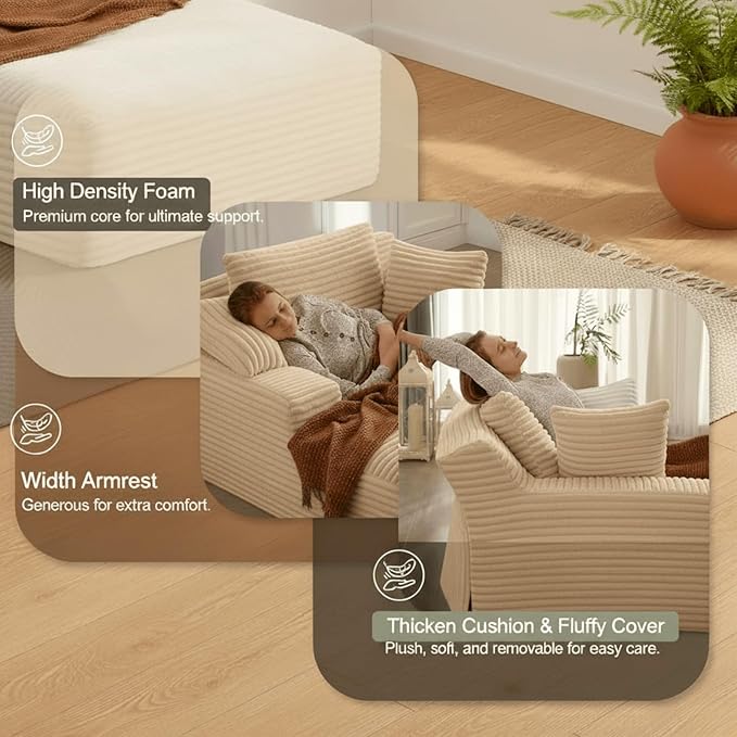 Alpen 66" Oversized Chaise Lounge, Boneless Couch Indoor, Corduroy Couch Boneless Sofa Chair for Reading with Wide Armrest and 3 Throw Pillows, No Assembly Required, Off-White