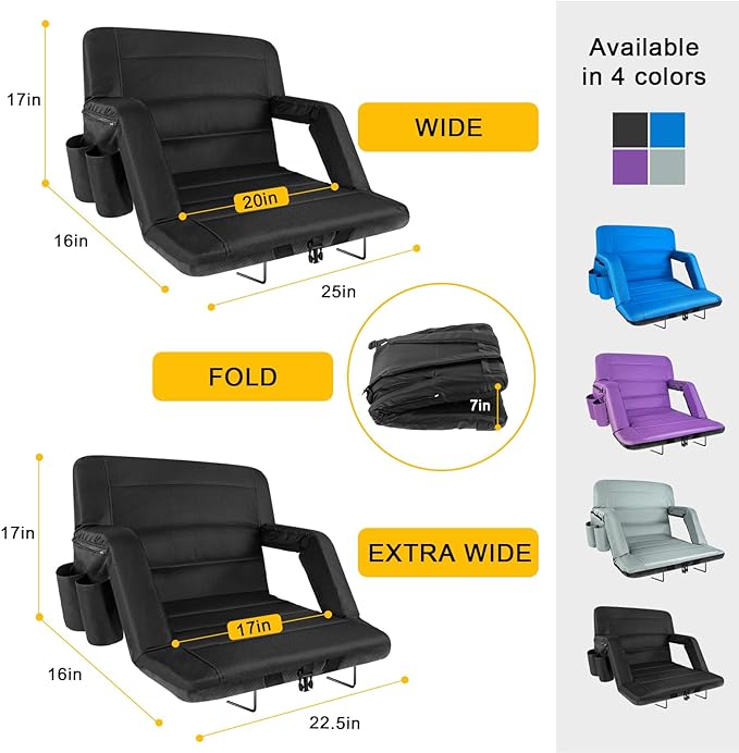 Extra Wide Stadium Seats with Back Support 2 Pack, Bleacher Chairs with Back and Cushion Folding Stadium Chairs, 6 Reclining Positions Waterproof Bleacher Seats (Extra Wide|25" Black)