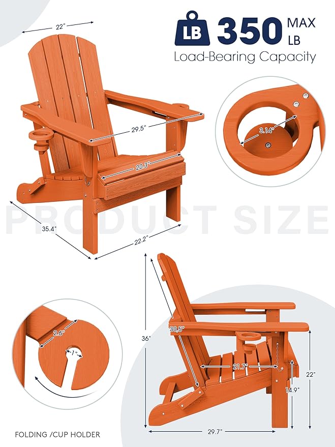KINGYES Folding Adirondack Chair Set of 2, Dual Cup Holders & All-Weather HDPE, Wood-Like Patio Chair for Backyard, Camping, Pool & Fire Pit, Orange