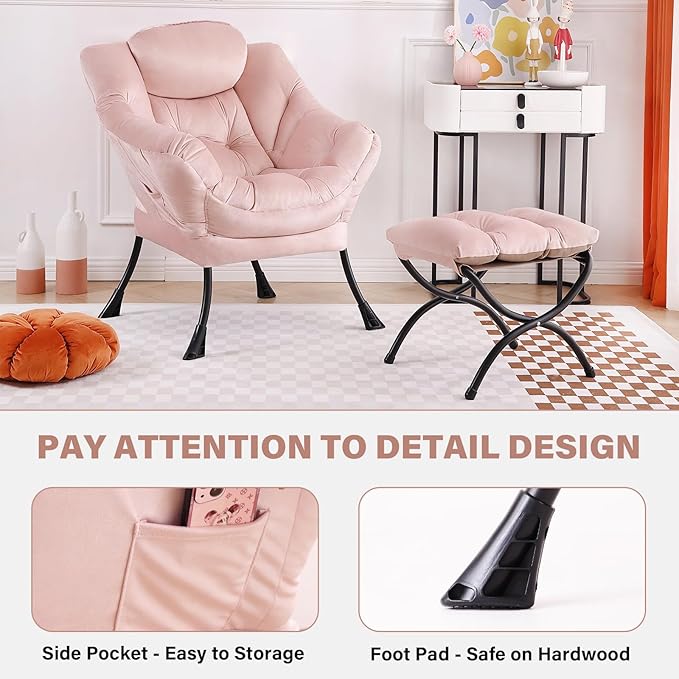 Tiita Lazy Chair with Ottoman, Pink Chair Modern Large Accent Lounge Armchair, Comfy Leisure Sofa Reading Chair with Footrest for Bedroom, Living Room, Dorm Rooms, Garden and Courtyard, Velvet Pink