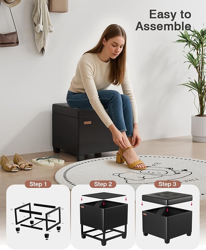 ABHENG 17.7 inches Synthetic Leather turfed Ottomans Cube with Storage, Metal-Framed Square Storage Ottoman Foot Rest Stool Holds 770 LB for Dorm Living Room Bedroom Black UASND63B
