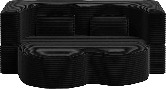 Modern Floor Sofa with 2 Pillows, Convertible Plush Corduroy Foam-Filled Sleeper Sofa Bed, Full Size Folding Mattress for Living Room, Guest Bed, No Assembly Required, Black