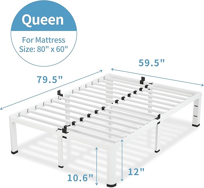 VIPSHOW 12 Inch White Queen Bed Frame, 3500Lbs Heavy Duty Metal Platform with Round Corner Legs Mattress Slide Stopper, Steel Slat Support No Box Spring Needed, Noise Free, Non-Slip, Easy Assembly