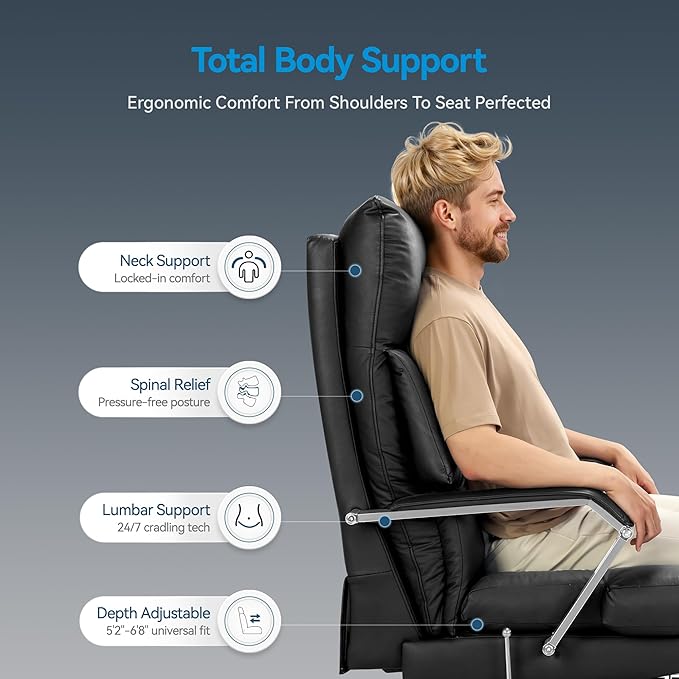 M76 Recline Office Chair with Footrest, 160° Infinite Reclining 10" Thick Executive Desk Chair, 420lb Heavy Duty Big and Tall, Adjustable Seat Depth, Black