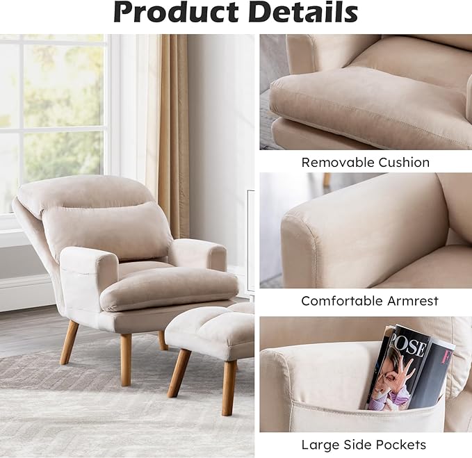 IOMOR Accent Chair with Ottoman Comfy Reading Chair Armchair with Adjustable Backrest and Side Pockets Soft Fabric Leisure Sofa for Bedroom, Living Room, Dorm Rooms, Garden, Beige